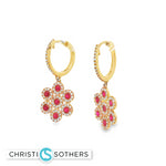 Load image into Gallery viewer, 14KT Yellow Gold Ruby & Diamond Flower Hoop Drop Earrings