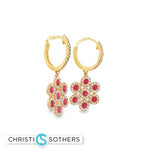 Load image into Gallery viewer, 14KT Yellow Gold Ruby & Diamond Flower Hoop Drop Earrings