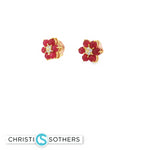 Load image into Gallery viewer, 14KT Yellow Gold Diamond & Ruby Flower Studs