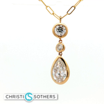 Load image into Gallery viewer, 14KT Yellow Gold Triple-Stone Bezel Necklace with Lab-Grown Round & Pear Diamonds (4.04 cttw)