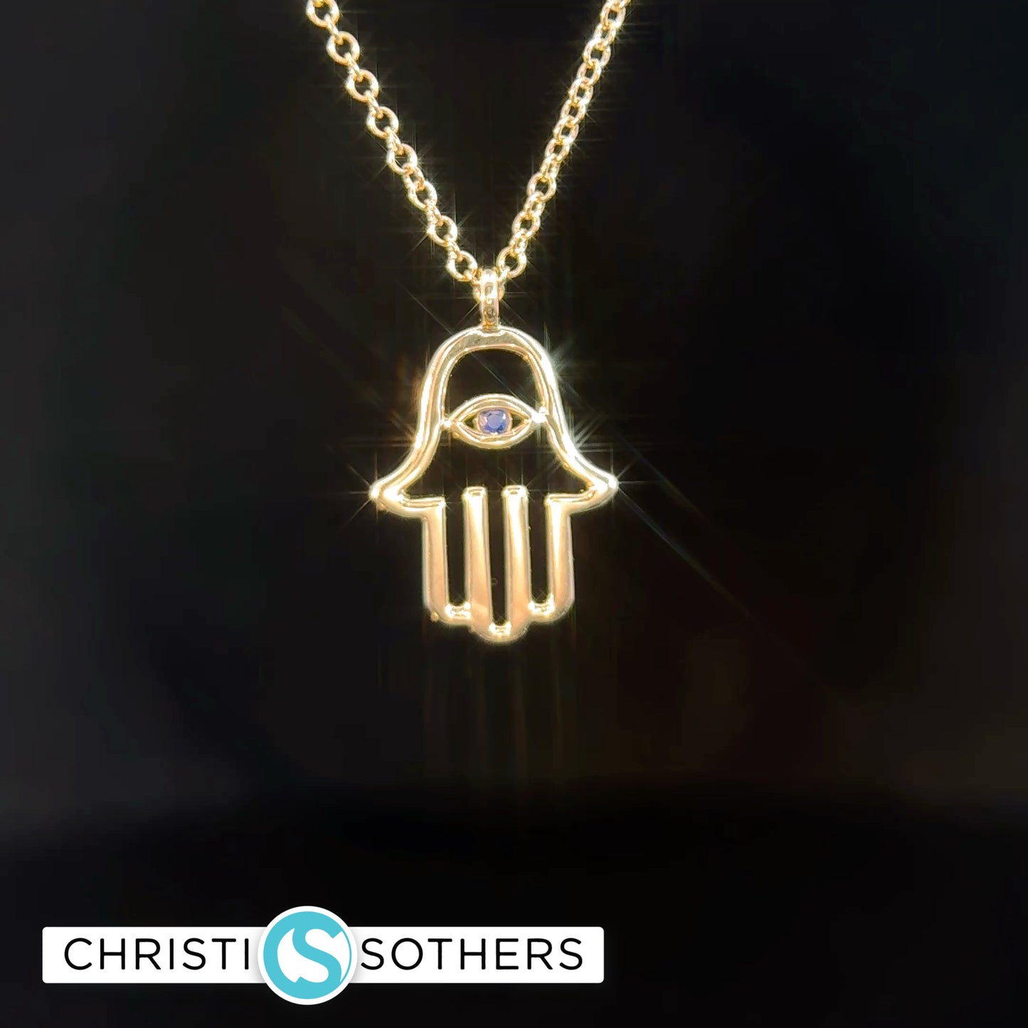 14KT Yellow Gold Hamsa Necklace w/ Sapphire Eye