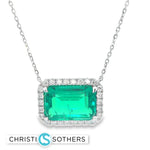 Load image into Gallery viewer, 14KT White Gold Lab-Grown Emerald & Diamond Halo Pendant Necklace