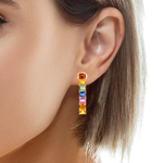 Load image into Gallery viewer, 18KT Gold Dangle Earrings with Multi-Colored Emerald-Cut Sapphires