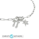 Load image into Gallery viewer, Sterling Silver Star/Chai Charm Bracelet with Round Cut CZs