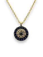 Load image into Gallery viewer, 14K Gold Evil Eye Necklace with pavé Sapphires and Diamonds