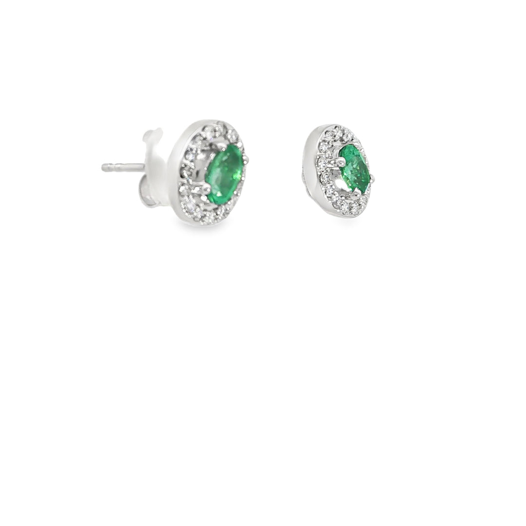 14KT White Gold Emerald & Diamond Pushback Stud Earrings
