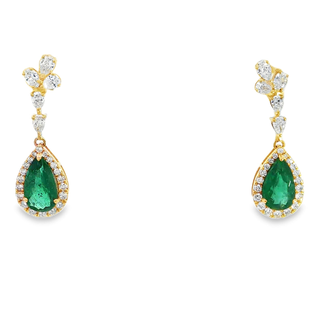 18KT Yellow Gold Emerald & Diamond Drop Earrings