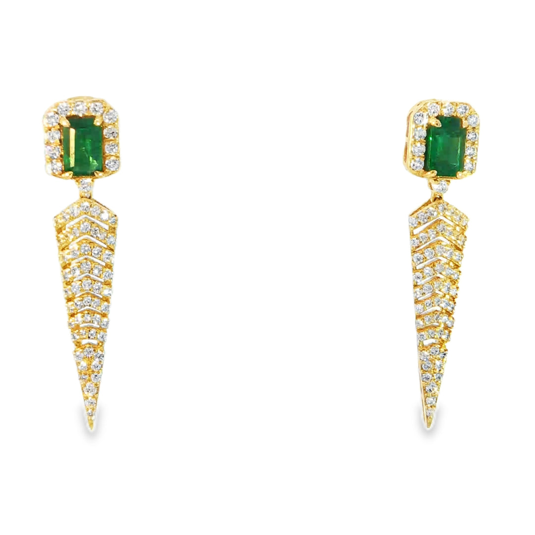 18KT Yellow Gold Emerald & Diamond Dangle Earrings