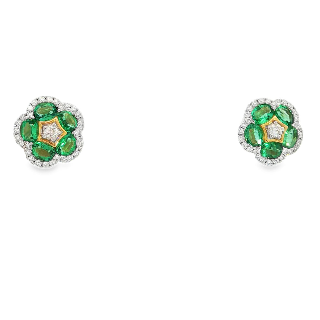 18KT Yellow Gold Emerald & Diamond Star-Clover Stud Earrings