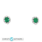 Load image into Gallery viewer, 18KT White Gold Emerald &amp; Diamond Pushback Stud Earrings
