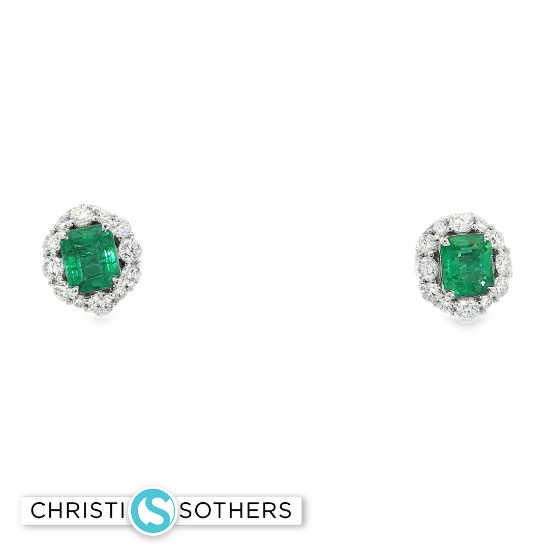18KT White Gold Emerald & Diamond Pushback Stud Earrings