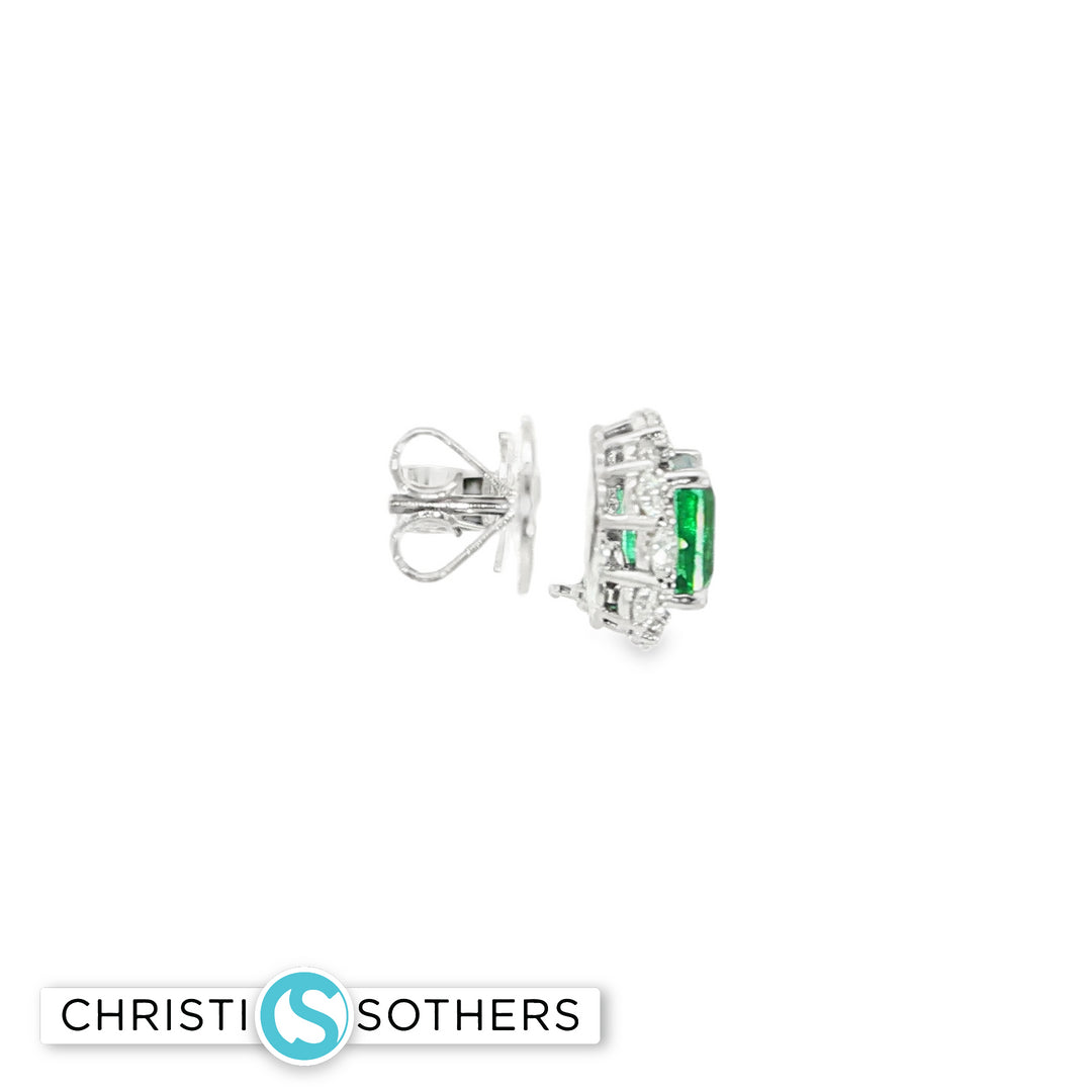 18KT White Gold Emerald & Diamond Pushback Stud Earrings