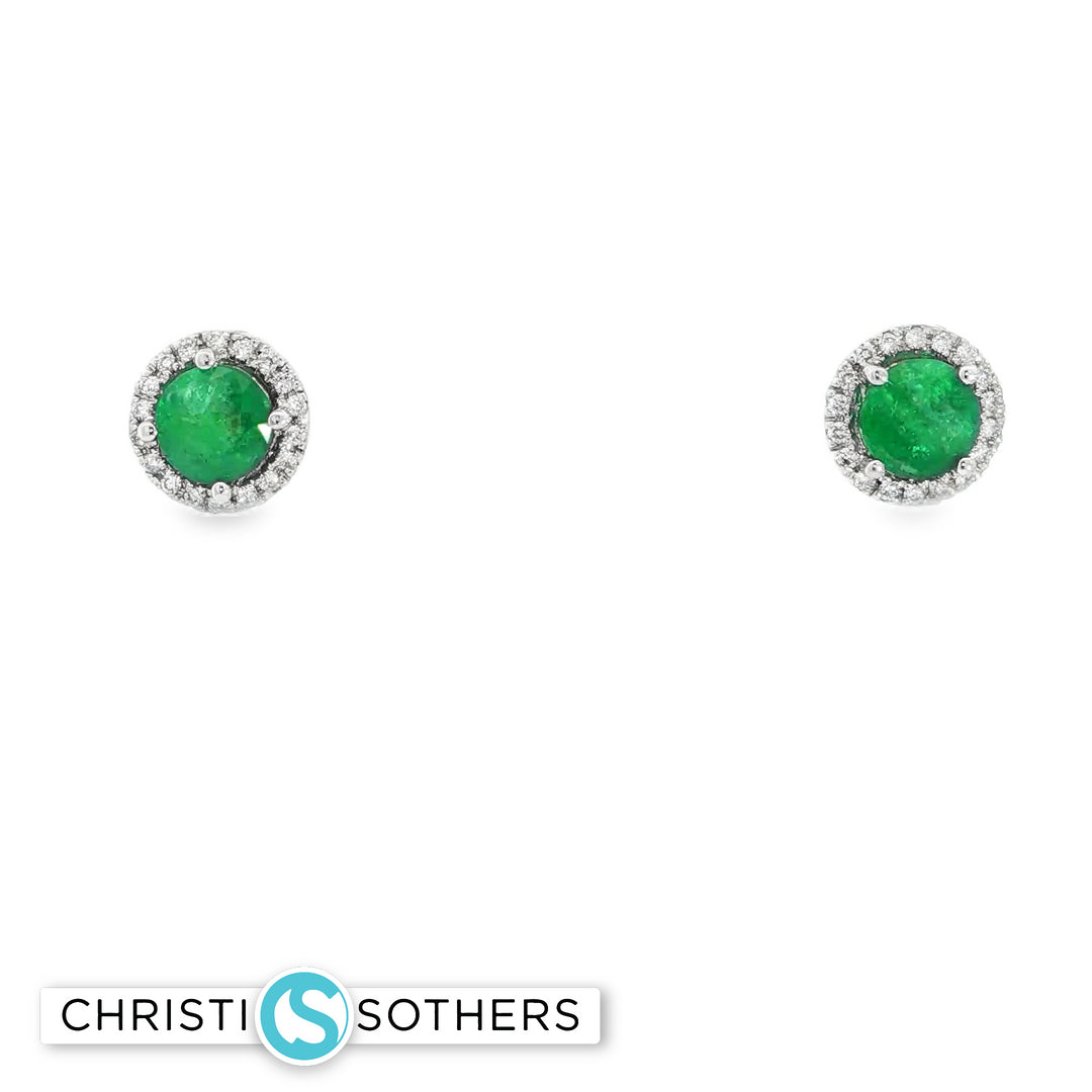 14KT White Gold Emerald & Diamond Pushback Stud Earrings