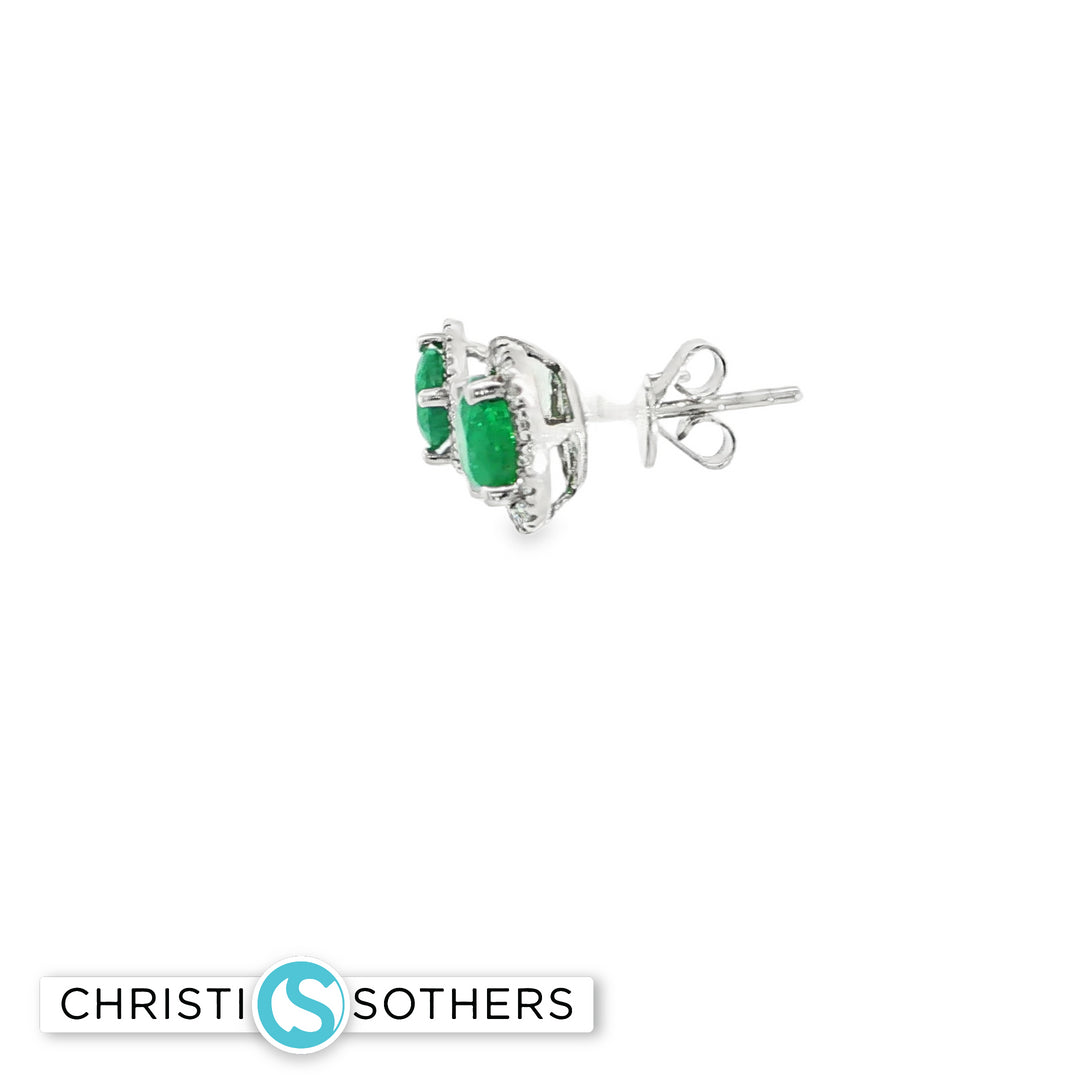 14KT White Gold Emerald & Diamond Pushback Stud Earrings