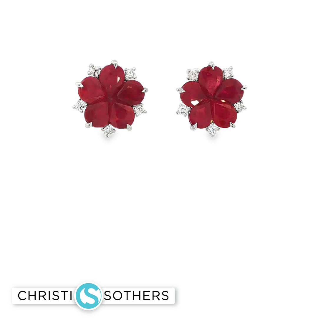 18KT White Gold Natural Ruby & Diamond Cabochon Flower Stud Earrings