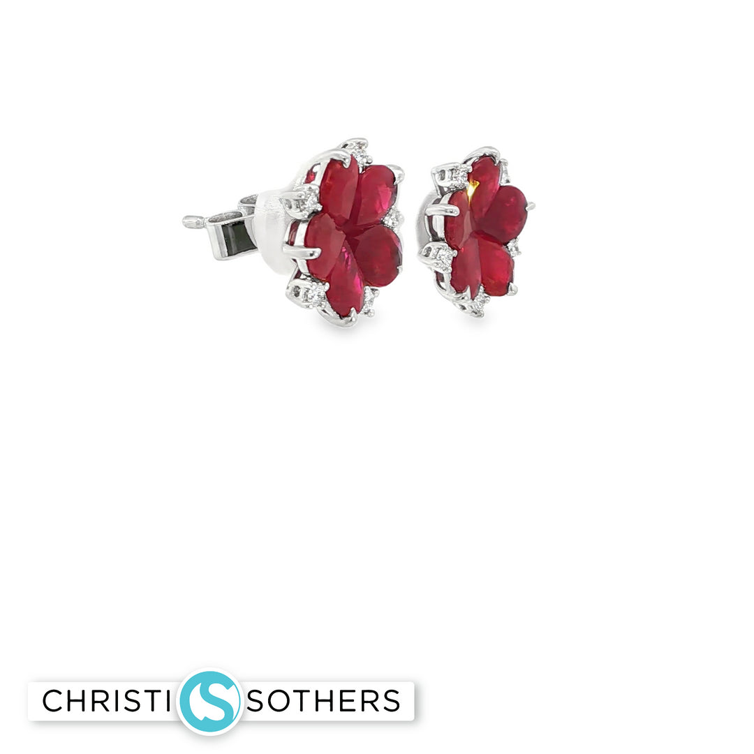 18KT White Gold Natural Ruby & Diamond Cabochon Flower Stud Earrings
