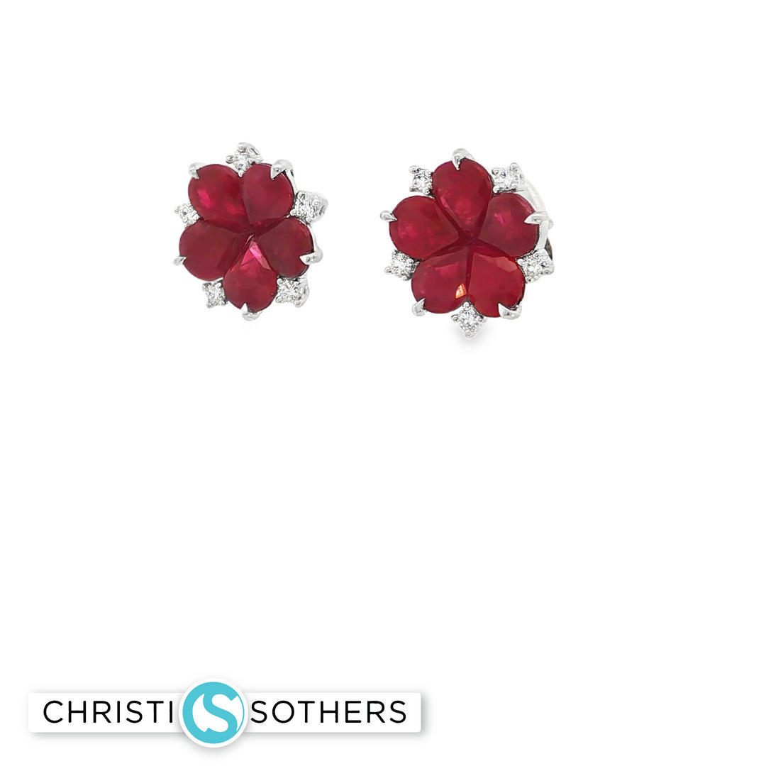 18KT White Gold Natural Ruby & Diamond Cabochon Flower Stud Earrings