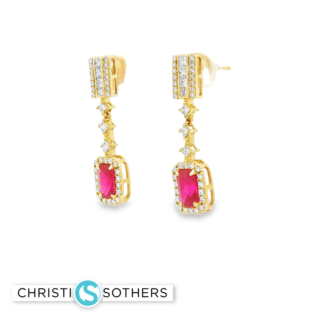 18KT Yellow Gold Ruby & Diamond Pushback Drop Earrings