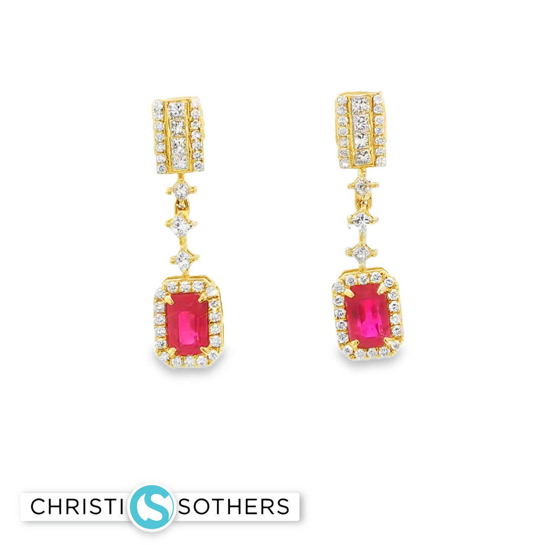 18KT Yellow Gold Ruby & Diamond Pushback Drop Earrings