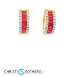Load image into Gallery viewer, 18KT Yellow Gold Ruby &amp; Diamond Hoop Earrings
