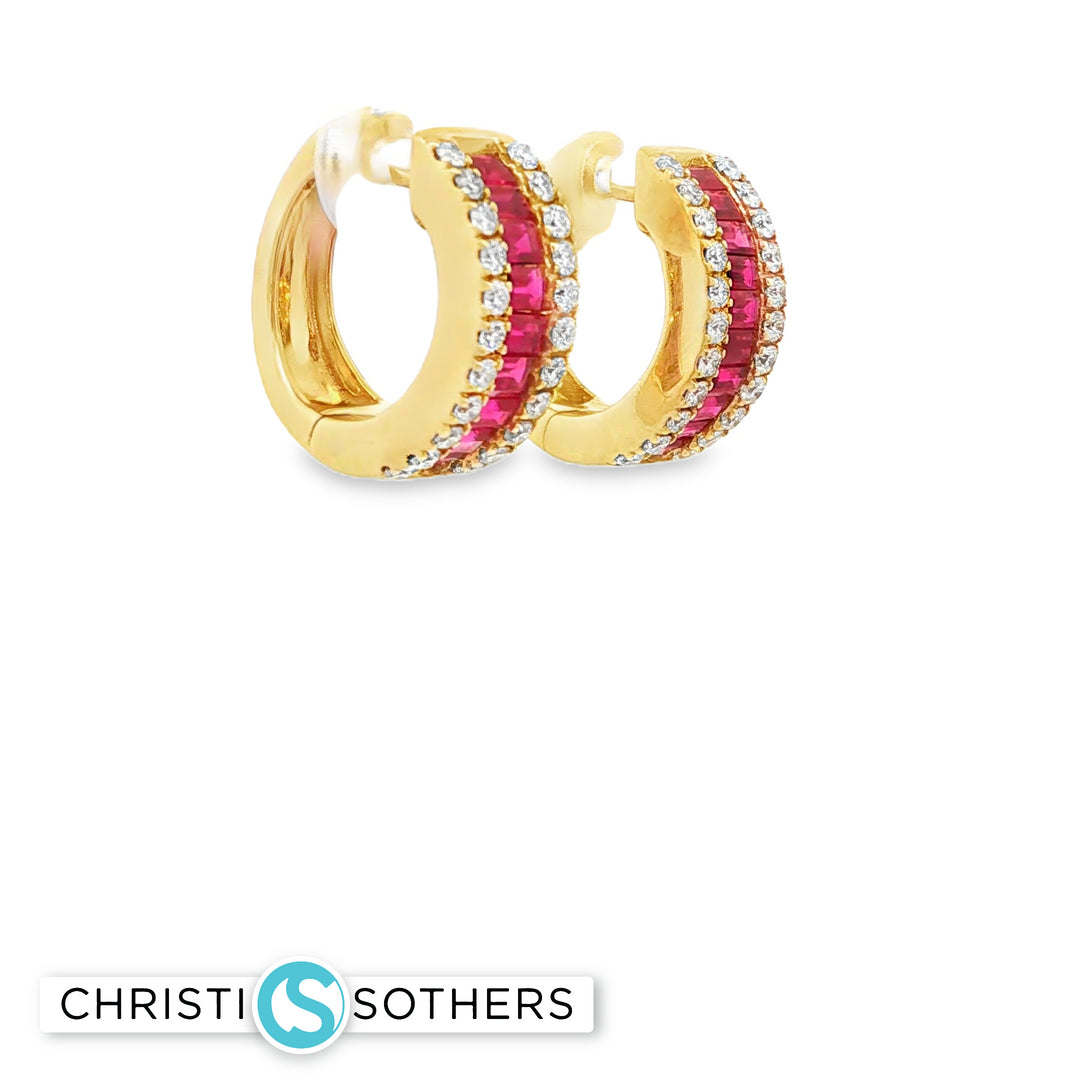 18KT Yellow Gold Ruby & Diamond Hoop Earrings
