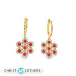 Load image into Gallery viewer, 14KT Yellow Gold Ruby &amp; Diamond Flower Hoop Drop Earrings
