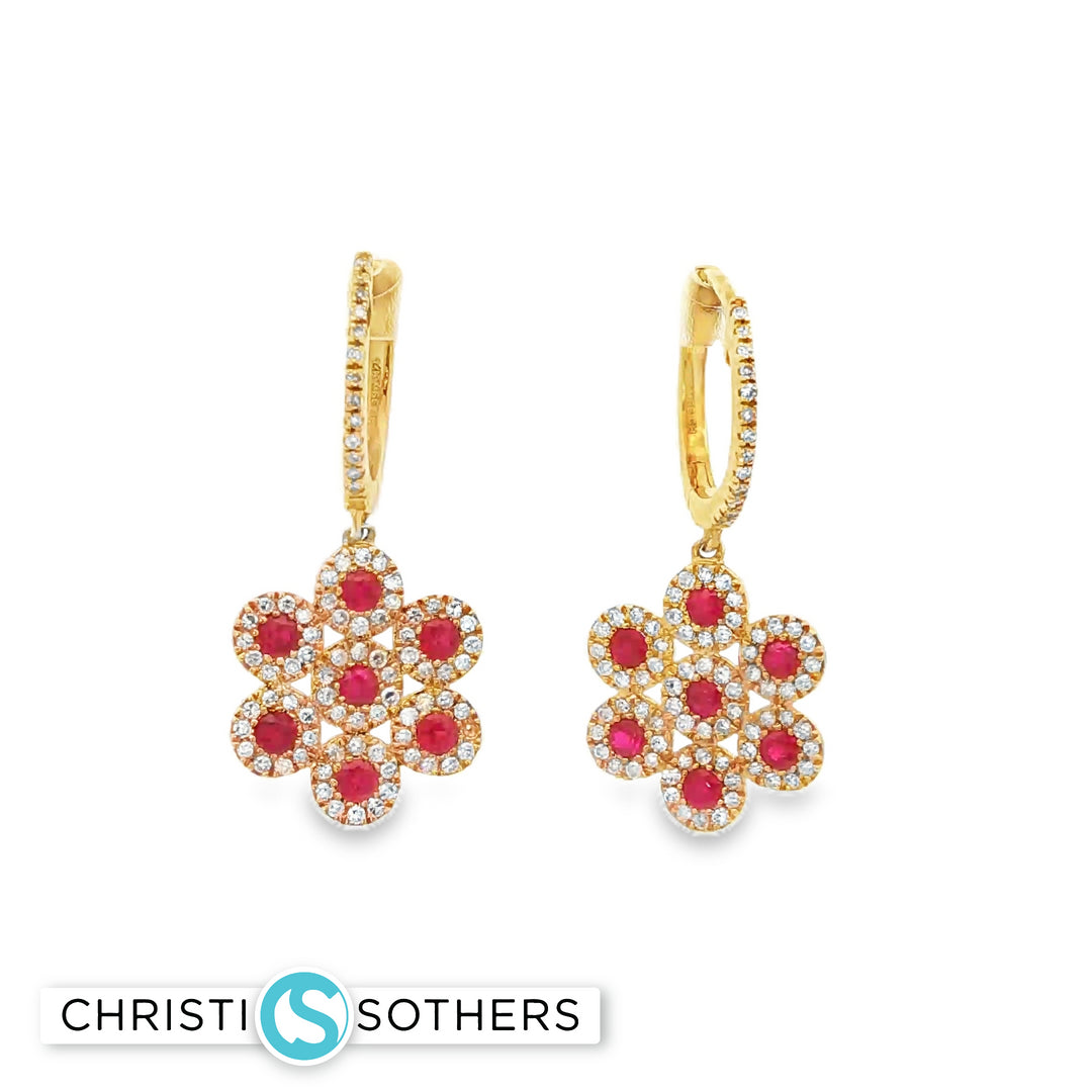 14KT Yellow Gold Ruby & Diamond Flower Hoop Drop Earrings