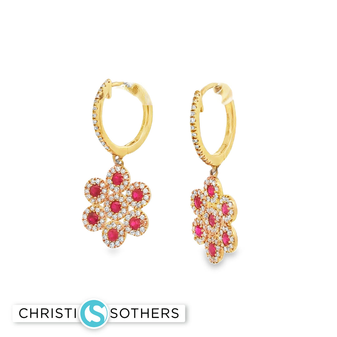 14KT Yellow Gold Ruby & Diamond Flower Hoop Drop Earrings
