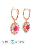 Load image into Gallery viewer, 14KT Rose Gold Ruby &amp; Diamond Halo Huggie Drop Earrings
