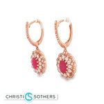Load image into Gallery viewer, 14KT Rose Gold Ruby &amp; Diamond Halo Huggie Drop Earrings
