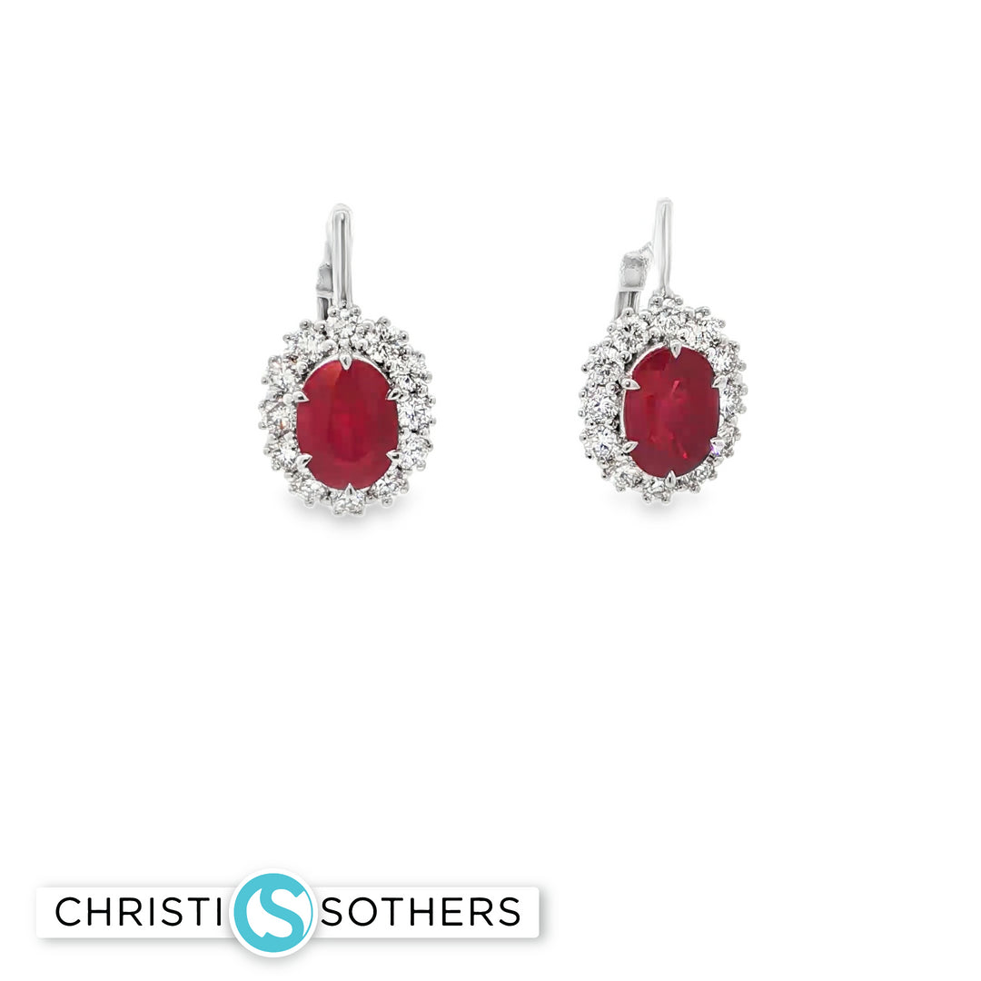 18KT White Gold Ruby & Diamond Halo Hinge-Back Earrings