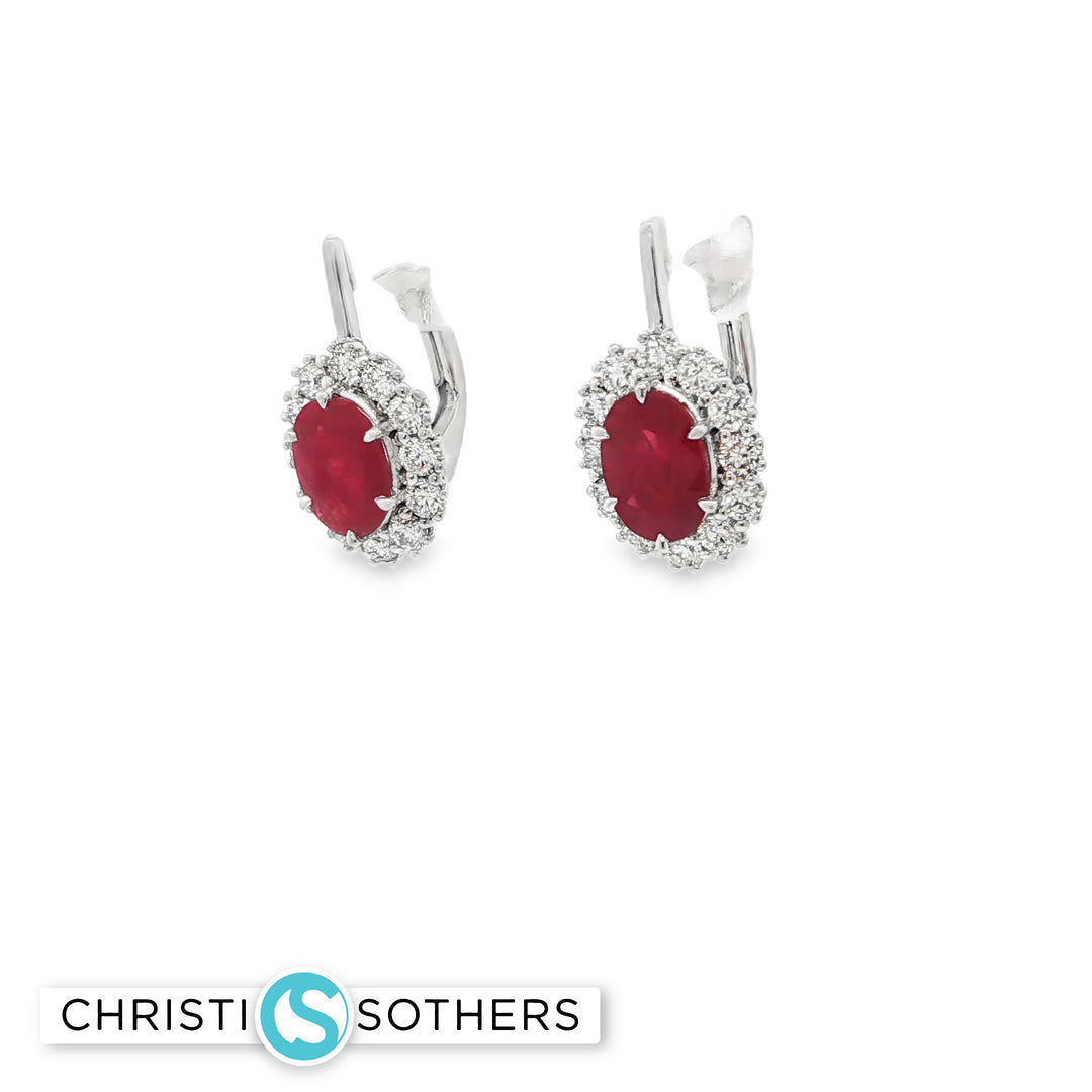 18KT White Gold Ruby & Diamond Halo Hinge-Back Earrings