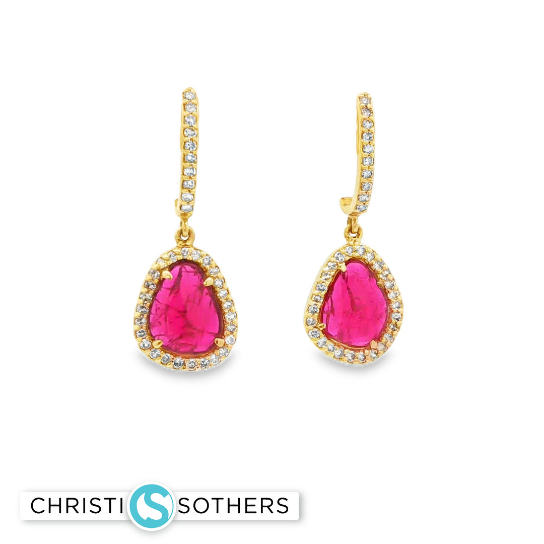 14KT Yellow Gold Ruby & Diamond Drop Earrings