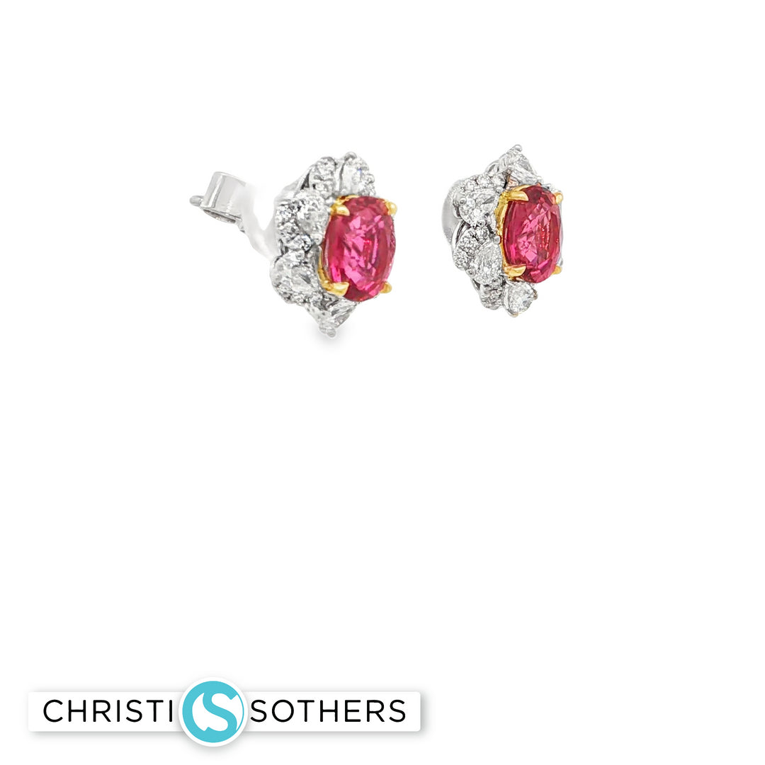 18KT Two-Tone Ruby & Diamond Flower Stud Earrings