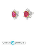 Load image into Gallery viewer, 18KT Two-Tone Ruby &amp; Diamond Flower Stud Earrings
