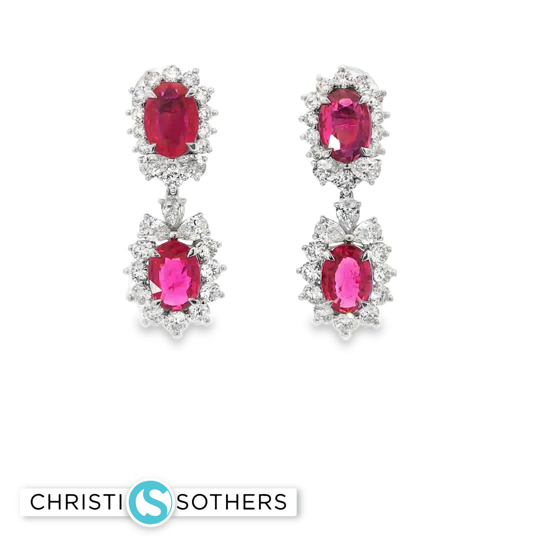 18KT White Gold Ruby & Diamond Double-Cluster Drop Earrings