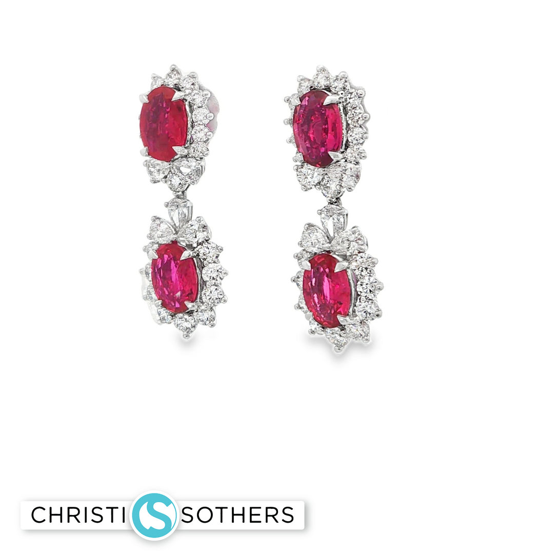 18KT White Gold Ruby & Diamond Double-Cluster Drop Earrings