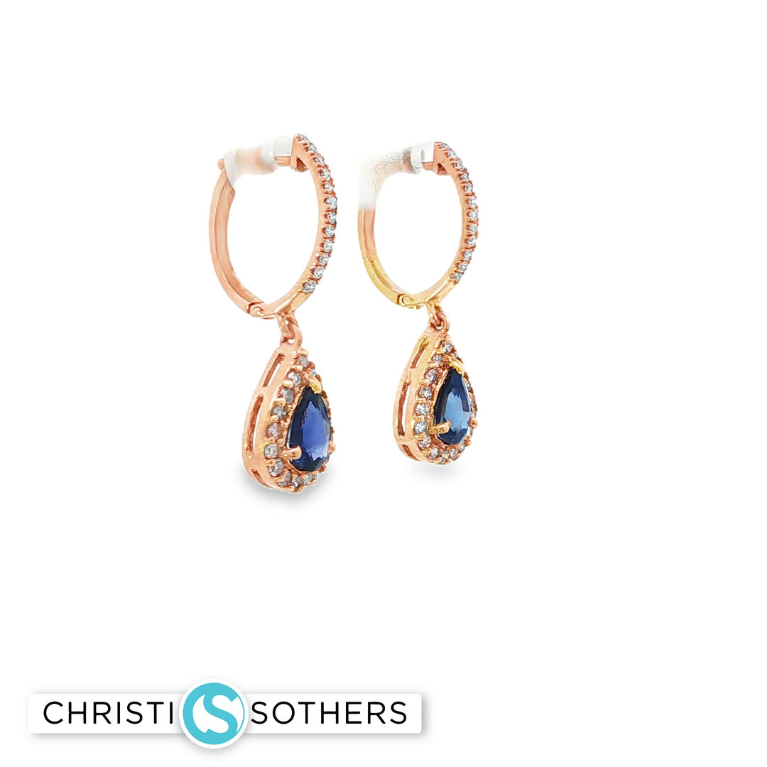 14KT Rose Gold Sapphire & Diamond Halo Huggie Drop Earrings