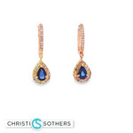 Load image into Gallery viewer, 14KT Rose Gold Sapphire &amp; Diamond Halo Huggie Drop Earrings
