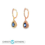 Load image into Gallery viewer, 14KT Rose Gold Sapphire &amp; Diamond Halo Huggie Drop Earrings
