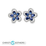 Load image into Gallery viewer, 18KT White Gold Sapphire &amp; Diamond Flower Stud Earrings (2.44 cttw sapphires)

