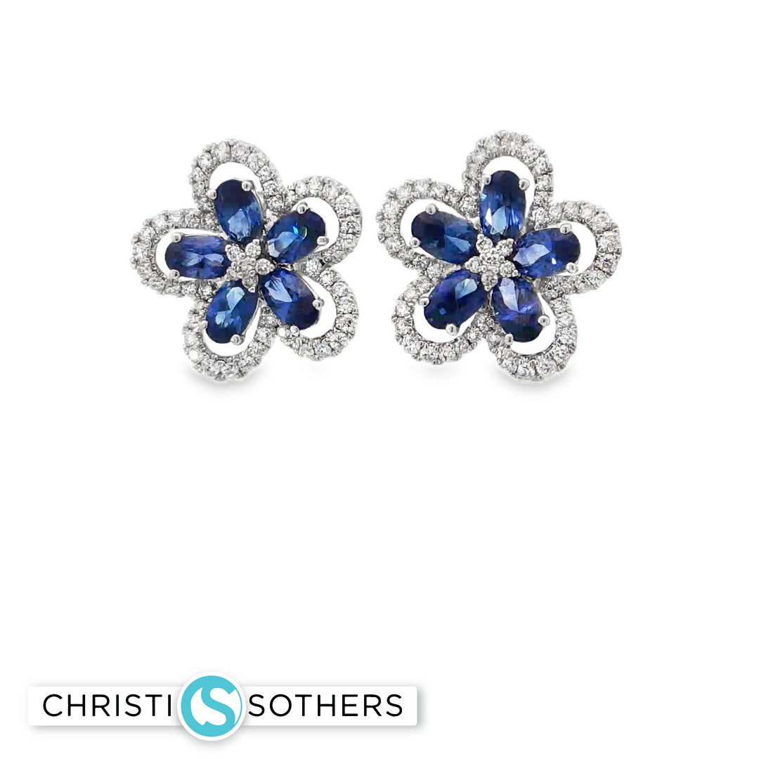 18KT White Gold Sapphire & Diamond Flower Stud Earrings (2.44 cttw sapphires)