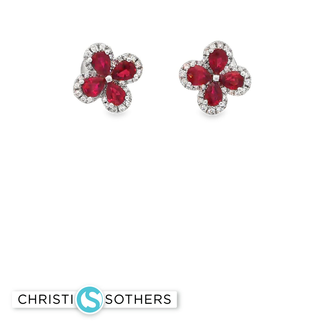 18KT White Gold Ruby & Diamond Flower Pushback Studs