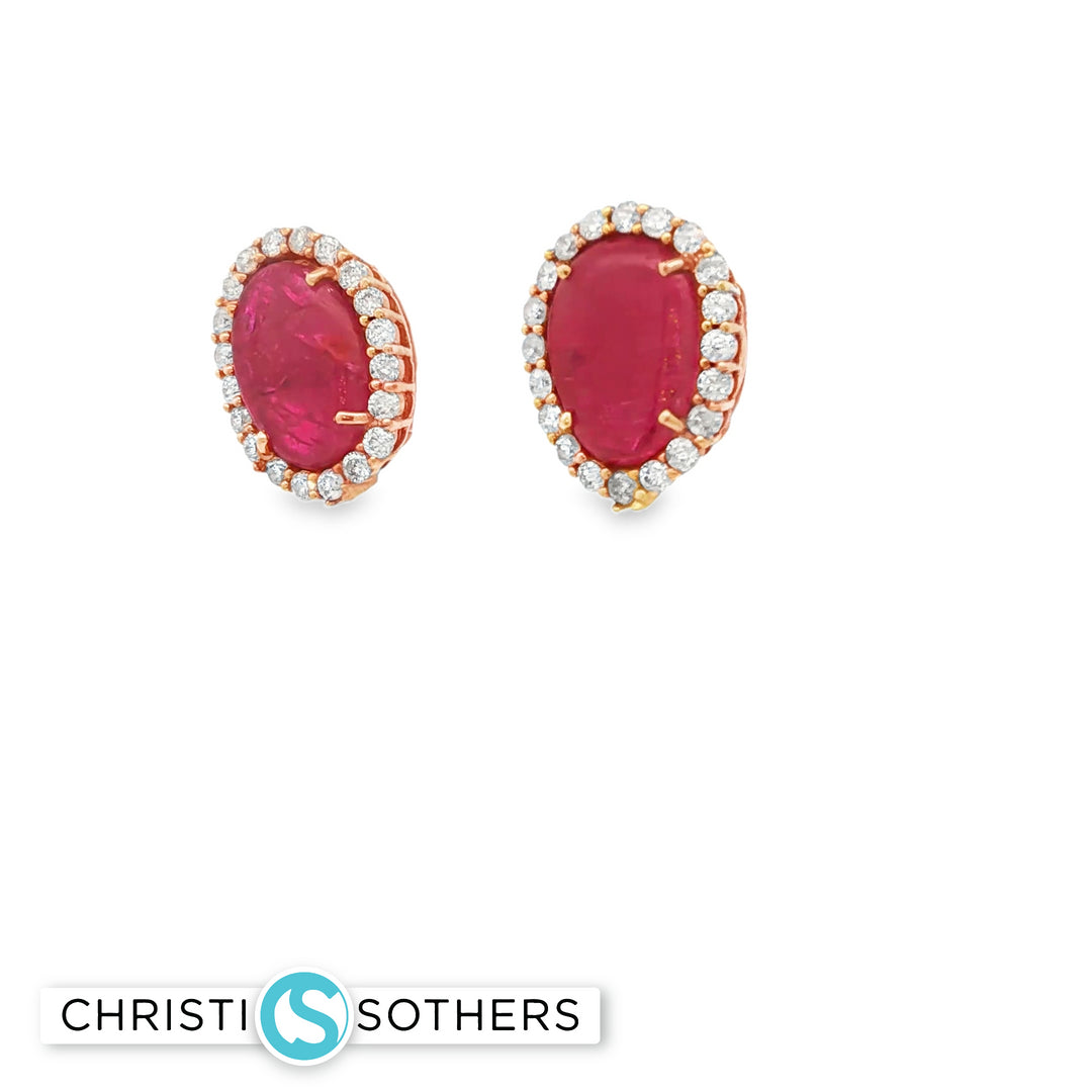 18KT Rose Gold Ruby & Diamond Halo Pushback Studs (3.44 cttw rubies, 0.85 cttw diamonds)