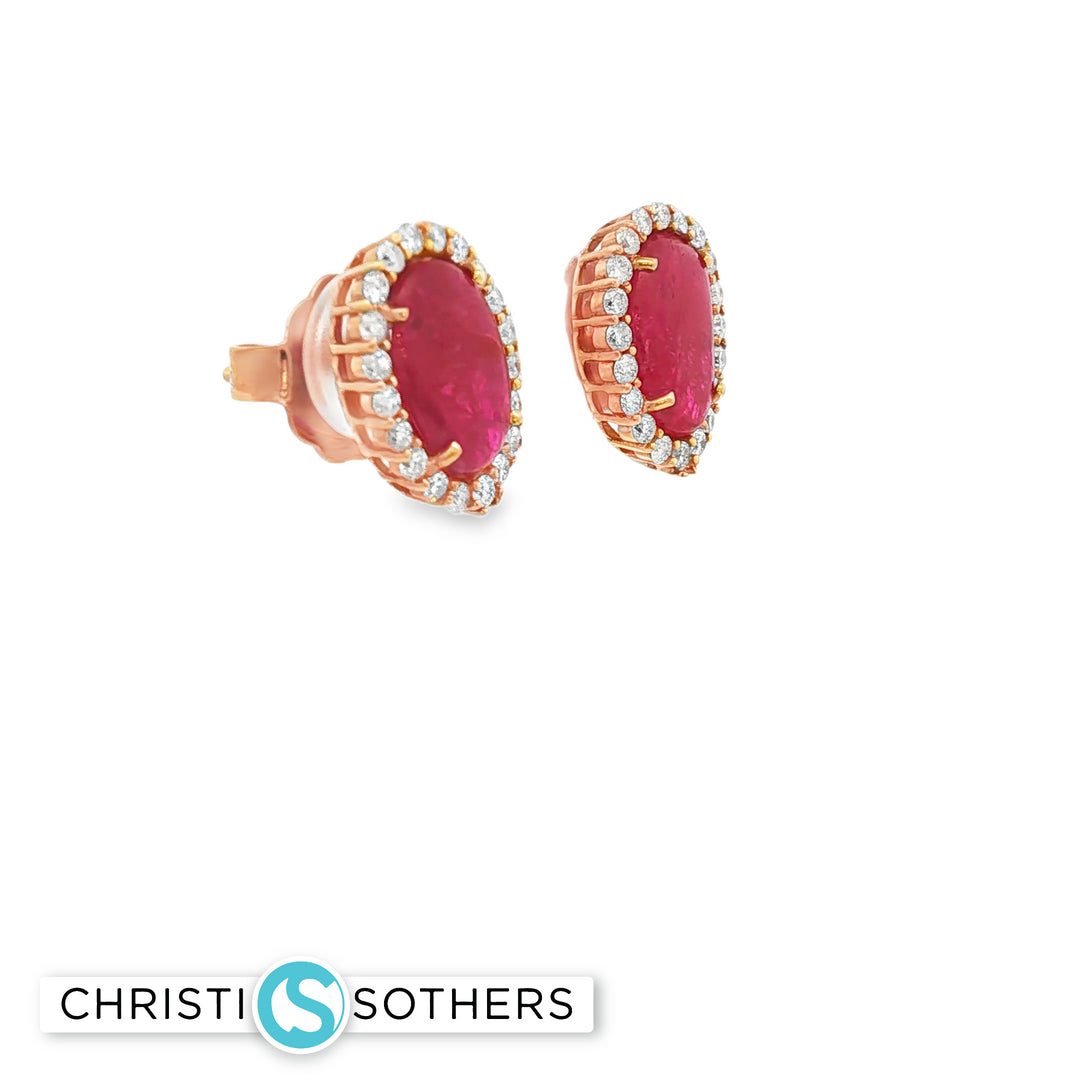18KT Rose Gold Ruby & Diamond Halo Pushback Studs (3.44 cttw rubies, 0.85 cttw diamonds)