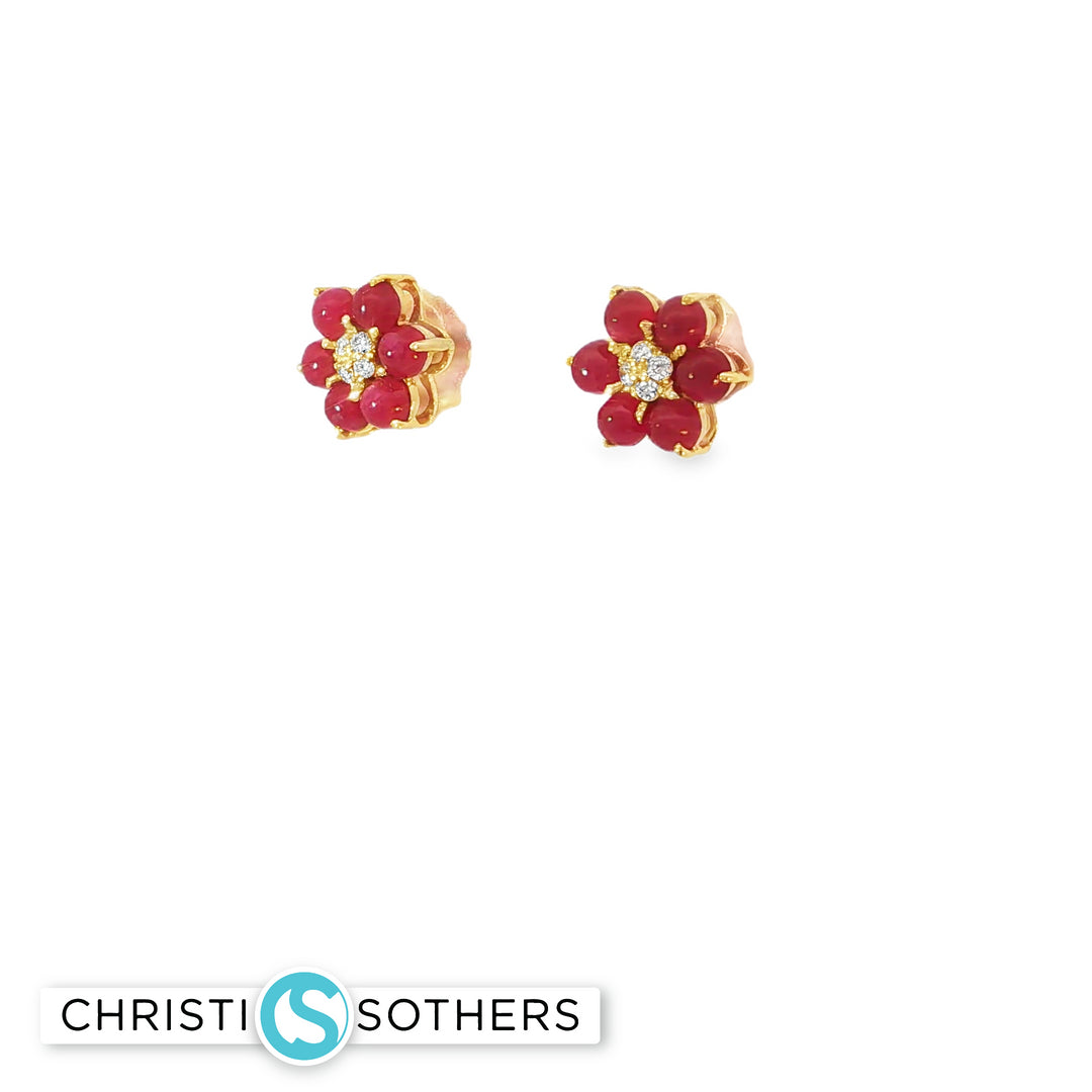 14KT Yellow Gold Diamond & Ruby Flower Studs