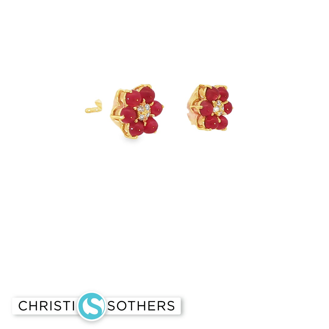 14KT Yellow Gold Diamond & Ruby Flower Studs