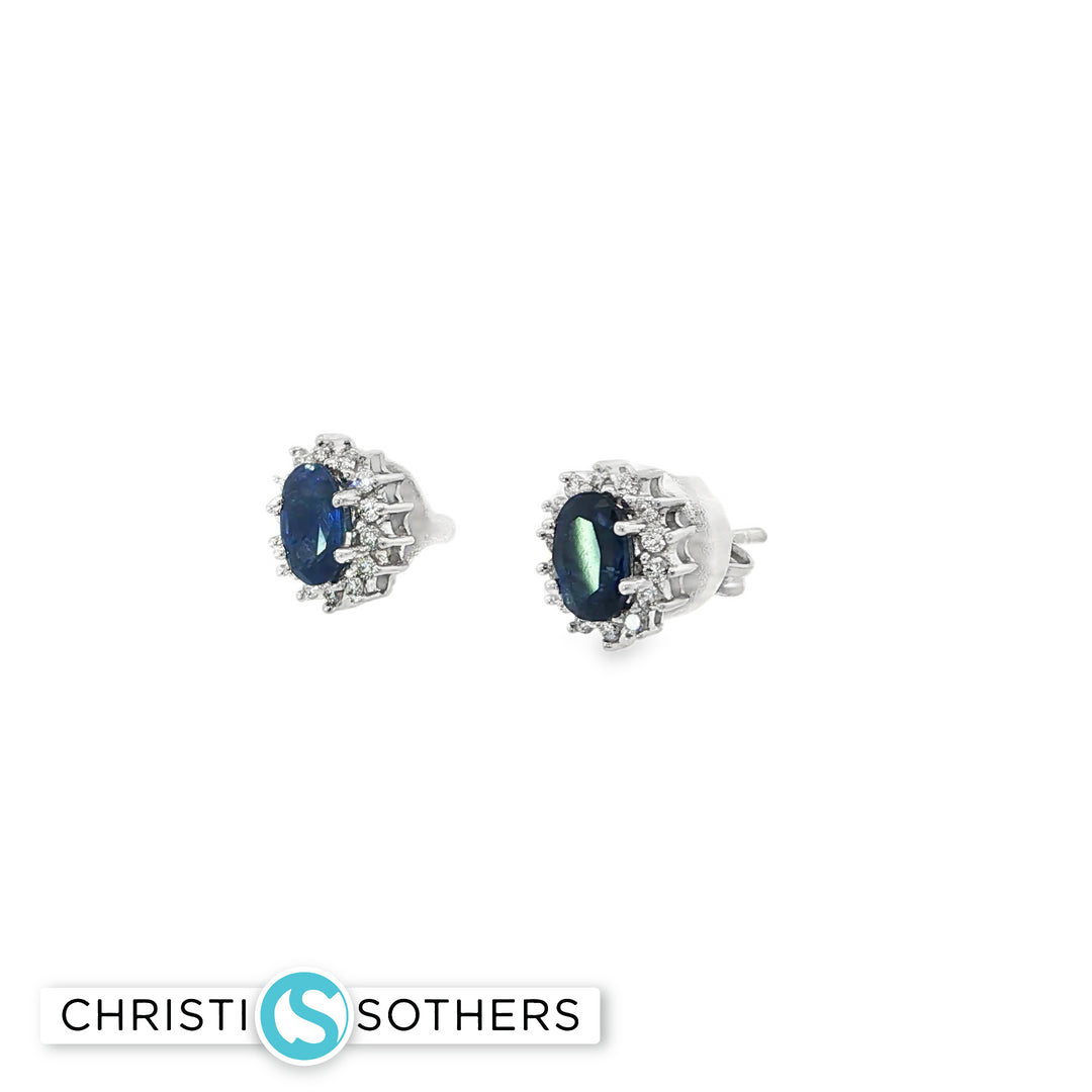 14KT White Gold Sapphire & Diamond Sunburst Pushback Studs