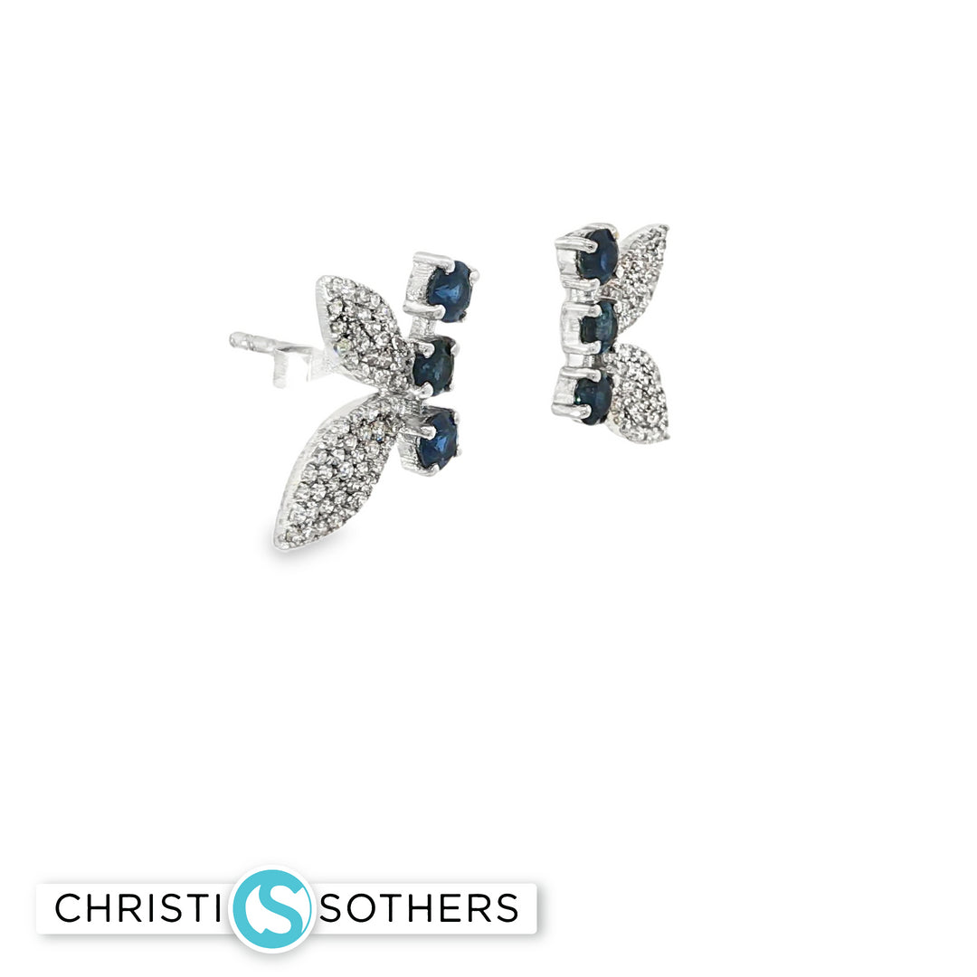 14KT White Gold Sapphire & Diamond Butterfly Pushback Studs