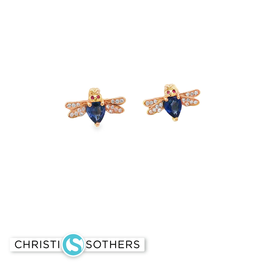 18KT Yellow Gold Sapphire, Diamond & Ruby Beetle Pushback Studs